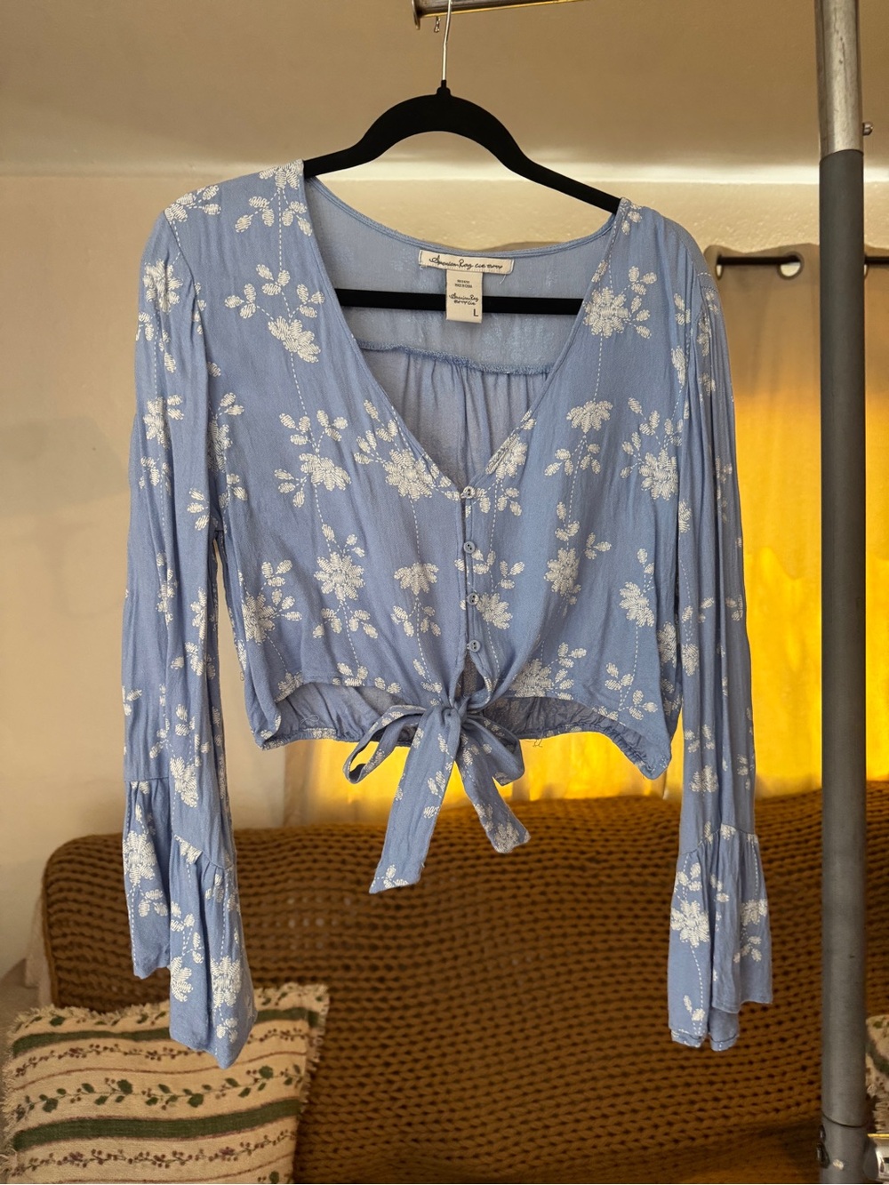 American Rag Blue Floral Tie-Front Crop Blouse